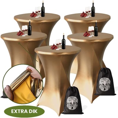 Statafelrok Goud x 5 – ∅80-85 x 110 cm met Opbergtas – Statafelhoes Stretch Stof – Kras- en Vouwvrije Statafel Rok Extra Dik – Gouden Sta Tafelrok 5 Stuks – Goude Statafelhoezen Voor Horeca Evenementen Feest Bruiloft Partijen