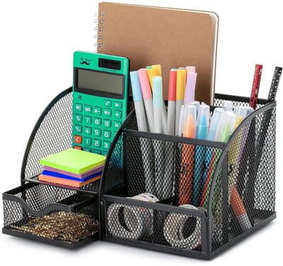 bureauorganizer met 6 vakken en 1 schuiflade, multifunctionele kantoor-opgeruimde accessoires, metalen pennenhouder voor thuis, school, potlood, sleutel, schaar, paperclip (zwart)