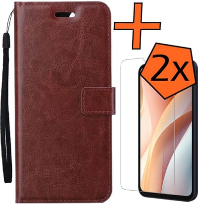 Hoes - Met 2x Screenprotector - Geschikt voor Samsung Galaxy A15 - Luxe Pasjeshouder - Bookcase Portemonee - Flip Case - Kunstleer Book Case - Flipcase Hoes - Book Cover - Walletcase - PortemonneeHoes - Bruin