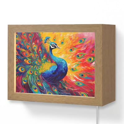 Wandlamp 20x15 cm - Oplaadbaar - Pauw - Kunst - Schilderij - Pauwenveren - Wandlampen binnen woonkamer - Slaapkamer lamp met kabel - Decoratieve nachtlamp - Vloerlamp snoer