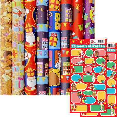 Sinterklaaspapier Pakpapier inpakpapier - 3 meter x 70 cm - 10 rollen - Incl. 40 Sint Naamstickers