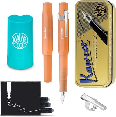 Kaweco - Cadeauset - (5delig) - Vulpen FROSTED SPORT MANDARIN Fountain Pen - Extra Breed - Vintage blikje - Oktogonal Clip Chrome - Patronen houder TURKOISE - Vullingen