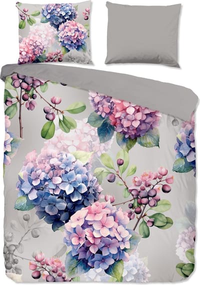Good Morning dekbedovertrek hortensia bloemen - 2 persoons 200x200/220 cm - Grijs - 100% Katoen renforc�