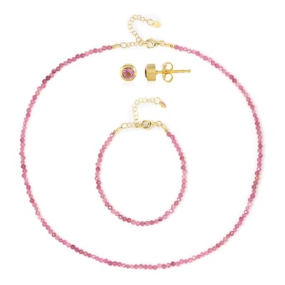 Cavill - Zilveren Set - 925 Sterling Zilver - Nigeriaanse Roze Toermalijn 34.7ct - Luxe Ketting Armband Oorbel Rond Slijpsel