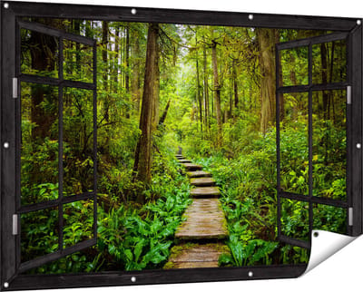 Gards Tuinposter Doorkijk Voetpad in het Bos met Groene Planten - 150x100 cm - Tuindoek - Tuindecoratie - Wanddecoratie buiten - Tuinschilderij