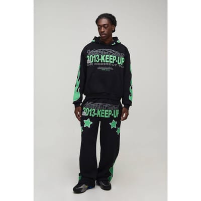 Oversized Boxy Trainingspak Met Capuchon En Flame Star Slogan Puff Print | Black | Size XS