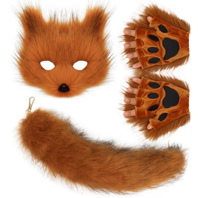 Fluffy Fur Fox Tail Sleutelhanger Kattenpoten Handschoenen En Wolf Therian Masker Set Voor Halloween Cosplay Kostuum Accessoires one size