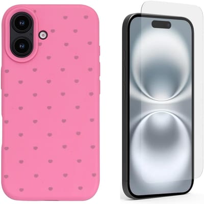 Hoesje en Glas Geschikt voor iPhone 16 - Neon Roze - Casemania Stevige Siliconen Back Cover met Hartjes Print - 1x Glazen Screenprotector