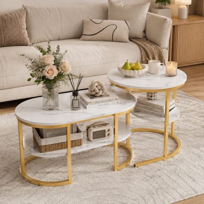 Salontafels Set van 2 ovale, 2-in-1 Bijzettafels met opbergruimte, salontafel met marmerlook voor woonkamer, balkon en kantoor - 80/52cm - Goud