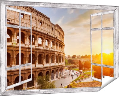 Gards Tuinposter Doorkijk Colosseum bij Zonsondergang in Italïe - 150x100 cm - Tuindoek - Tuindecoratie - Wanddecoratie buiten - Tuinschilderij