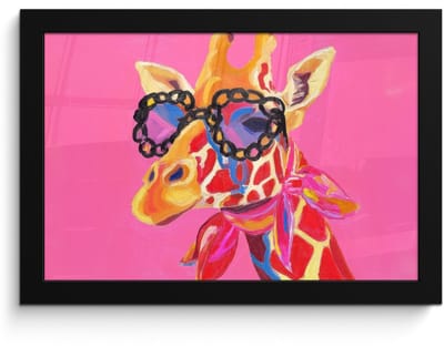 Poster in lijst - Fotolijst 30x20 cm - Posters - Giraf - Roze - Bril - Sjaal - Posterlijst zwart - Decoratie - Wanddecoratie woonkamer - Muurdecoratie slaapkamer