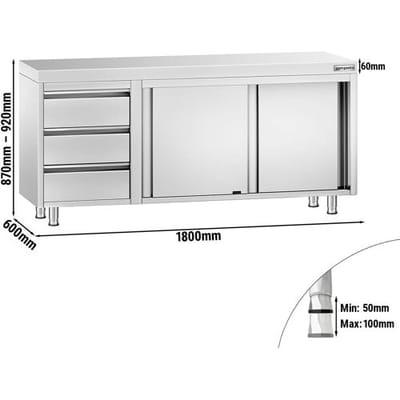 GGM Gastro Edelstahl Arbeitsschrank PREMIUM - 1800x600mm - mit 3 Schubladen links