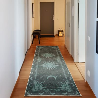 ABAKUHAUS Decoratief vloerkleed met zon en maan, hoogwaardig vloerkleed voor slaapkamer en woonkamer, 76x229 cm, taupegrijs