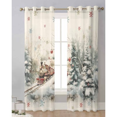 Kerstbal Trein Bos Sneeuwscène Sneeuwvlokken Transparante Gordijnen Slaapkamerdecoratie Raamgordijnen Keuken Tule Voile Gordijnen W135 x H115cm x1 white