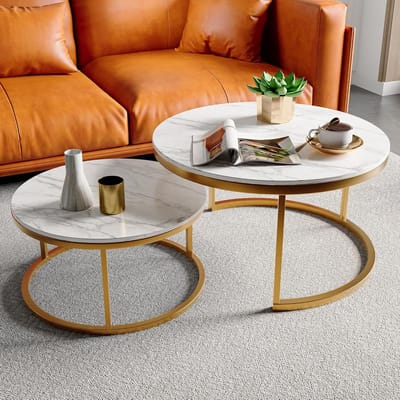 Set van 2 Ronde Salontafels met Opbergruimte en Metalen Frame