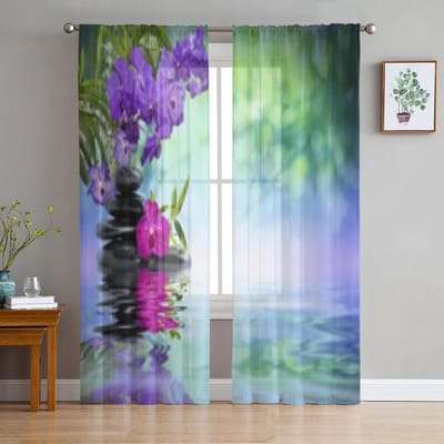 Violette Orchideeën Zwarte Stenen Op Het Water Transparante Gordijnen voor Woonkamer Tule Raamgordijn Slaapkamer Keuken Sluier Draperieën 135W x 114H(cm) black