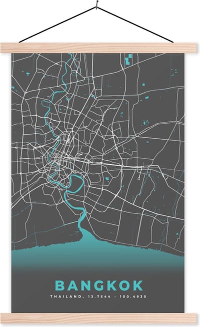 Posterhanger incl. Poster 40x60 cm - Schoolplaat - Bangkok - Blauw - Kaart - Plattegrond - Stadskaart - Textielposter - Blanke latten - Stadskaart