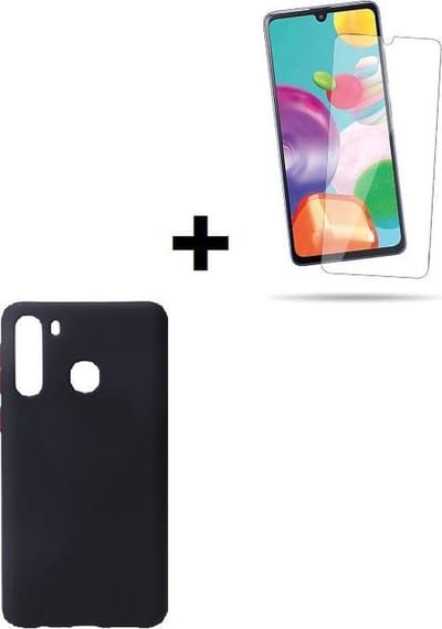 Geschikt voor Samsung Galaxy A21 hoes TPU Siliconen Case hoesje Zwart + Screenprotector Tempered Gehard Glas Pearlycase