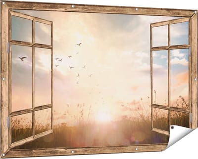 Gards Tuinposter Doorkijk Silhouet Vogels tijdens Zonsopkomst - 150x100 cm - Tuindoek - Tuindecoratie - Wanddecoratie buiten - Tuinschilderij