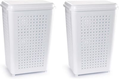 Wasmand met deksel - 2x stuks - 50 liter - wit - kunststof - 41 x 31 x 61 cm - grote wasmanden