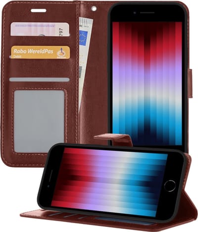 Hoesje - Met Pasjeshouder - Geschikt voor Apple iPhone SE (2022) - Luxe Bookcase Portemonee - Flip Case - Kunstleer Book Case - Flipcase - Book Cover - Walletcase - Portemonneehoes - Telefoonhoesjes - Bruin