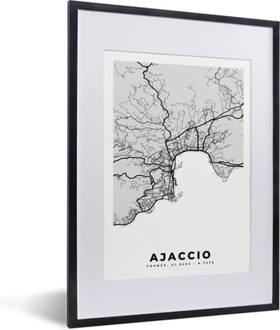 Fotolijst incl. Poster - Frankrijk - Plattegrond - Kaart - Ajaccio - Stadskaart - 30x40 cm - Posterlijst