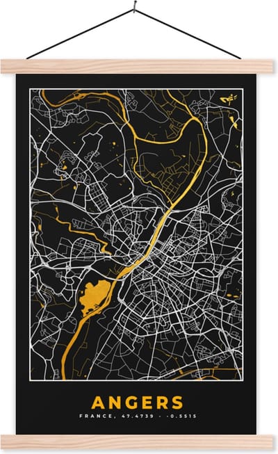 Posterhanger incl. Poster 40x60 cm - Schoolplaat - Kaart – Stadskaart – Angers - Plattegrond – Frankrijk - Textielposter - Blanke latten - Stadskaart