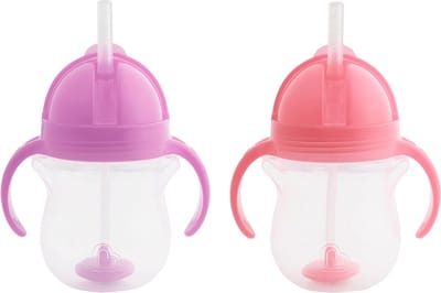 JGS ® Drinkbeker met kliksluiting, drinkflesjes met rietje, BPA-vrij, vaatwasmachinebestendig, 207 ml, set van 2, roze/paars