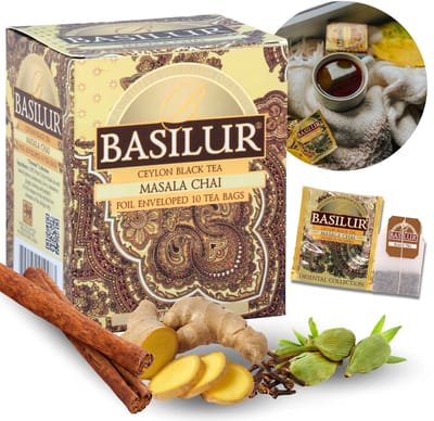 BASILUR Masala Chai - Zwarte thee in zakjes, Ceylon met natuurlijk kruidenaroma, 10x2g