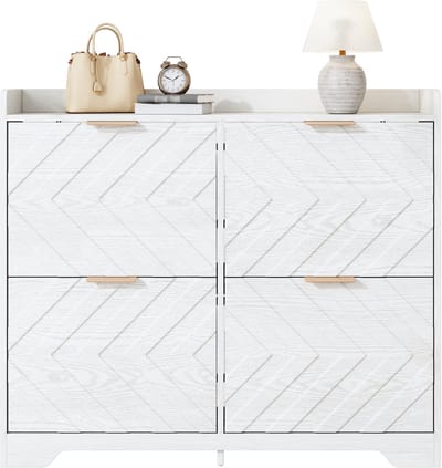 Clruro Schoenenkast - Met 4 Kleppen En 3D Front - Met Bovenblad - Hout - Wit