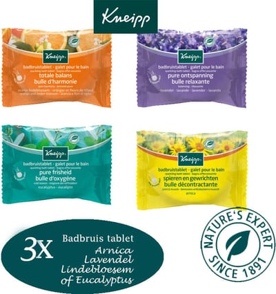 Kneipp badbruistabletten- 3x 80 gram: keuze wordt gemaakt uit Lindebloesem, eucalyptus, Lavendel, sparkeling, sinasappel/lindebloesem
