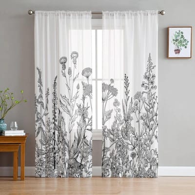 Vintage Kruiden Zwarte Lijnen Tule Gordijnen Balkonkamer Mode Bedrukt Transparant Gordijn Woonkamer Raam Moderne Decoratie 135W x 114H(cm) white