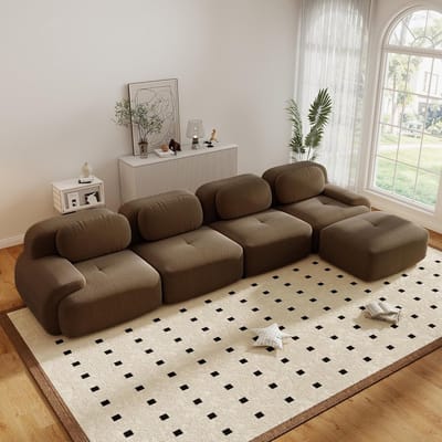 Moderne Hoekbank, L-Bank, 4-Zitsbank, Moderne 388 cm Brede, Converteerbare Hoekbank met Voetenbank, L-vormige Modulaire Corduroy Bank, Compacte Bank voor 4-6 Personen voor de Woonkamer, Extra Diepe Zitting, Geen Montage Nodig-Brown