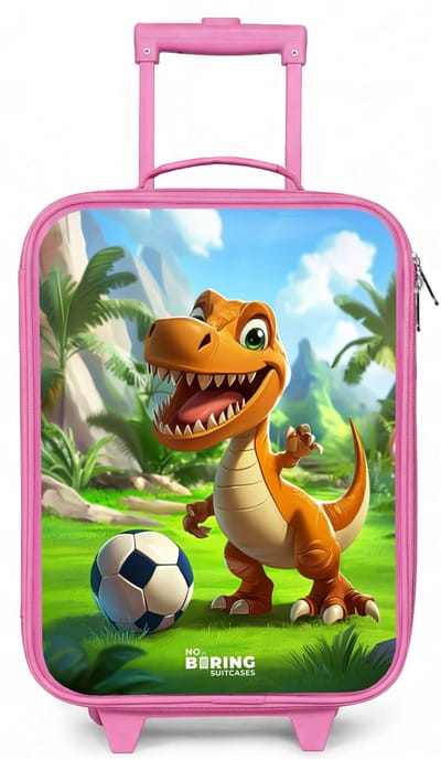 NoBoringSuitcases.com® - Kinderkoffer roze - Kindertrolley meisje - Dino met een voetbal in groen landschap - Koffer kind lichtgewicht - Reiskoffer trolley voor kinderen - Koffertje met lichtgevende wieltjes - Rolkoffer
