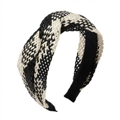Zwart beige gevlochten haarband – dames diadeem in rotanlook – brede haaraccessoire met kruismotief