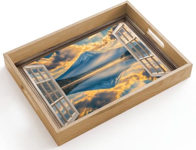 Dienblad hout 40x30 cm - Schootdienblad - Doorkijk - Landschap - Bergen - Uitzicht - Raam - Borrelplank rechthoek - Plateau dienbladen