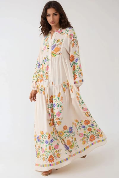 Geprinte V-hals Maxi-jurk met Knopdetail