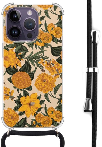 Hoesje met koord - Geschikt voor iPhone 14 Pro Max - Retro flowers - Verstelbaar zwart koord - Transparant, Oranje - Bloemen - Leuke Telefoonhoesjes
