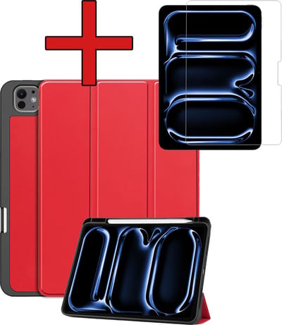 Hoesje - Geschikt voor Apple iPad Pro (2024/2025) - 11 inch - Met Screenprotector - Trifold Bookcase Hoes - Hard Cover Case - Met Uitsparing Geschikt voor Apple Pencil - Hardcover Book - Tablethoes - Rood