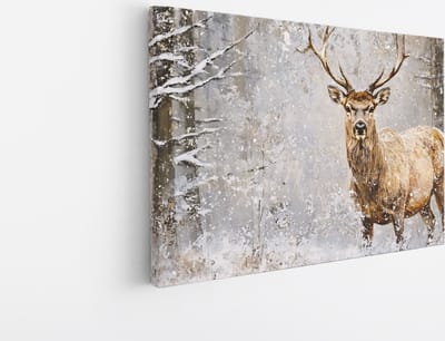 Saammp Canvas Schilderij - hert tussen de sneeuw - Natuur - Dieren - 45x30 - Foto op canvas - Wanddecoratie - Muurdecoratie Woonkamer - Slaapkamer decoratie - Canvas Print