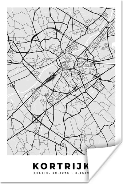 Poster België – Kortrijk – Stadskaart – Kaart – Zwart Wit – Plattegrond - 120x180 cm XXL