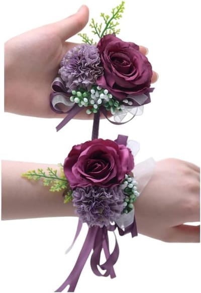 Set van 2 Roze Polsboeketten en Bonnier, Zijde Bloemen voor Bruid, Bruidsmeisje en Feestdecoratie (Diep Paars)