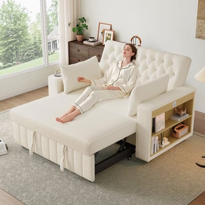 Klapbare slaapsofa met opbergvakken en drankhouders - 3-standen rugleuning (105°/140°/180°) - beige Chenille - USB-oplaadpoort en boekenplank - ideaal voor kleine ruimtes - incl. 2 kussens