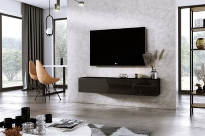 Meubel Square - TV meubel DIAMOND - Zwart / Hoogglans Zwart - 150cm - Hangend TV Kast