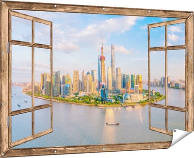 Gards Tuinposter Doorkijk Skyline Shanghai Stad in China - 180x120 cm - Tuindoek - Tuindecoratie - Wanddecoratie buiten - Tuinschilderij