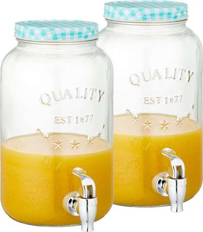 Set van 2x stuks glazen drankdispensers/limonadetap met blauw/wit geblokte dop 3,5 liter - Tapkraantje