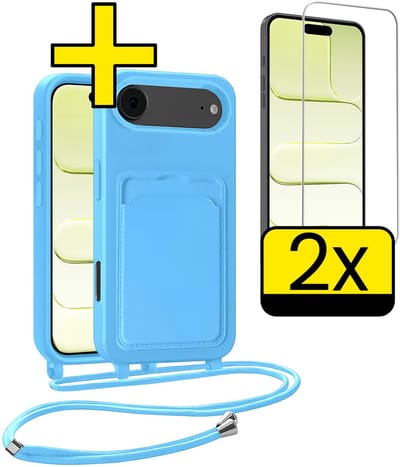Hoesje Geschikt voor iPhone Air Telefoonhoesje Met Koord Case Pashouder Met 2x Screenprotector Siliconen - Hoes Geschikt voor iPhone Air Hoesje Met Kaarthouder - Lichtblauw
