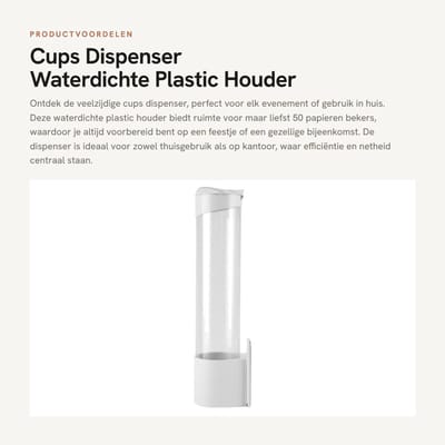Dailygoods- Bekerhouder Waterdicht - Papieren Dispenser - Kunststof Container - Capaciteit 50 Stuks - Afmetingen 38 x 10 cm - Antistof - Bekerdispenser