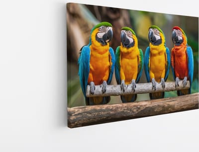 Saammp Canvas Schilderij - 4 papegaaien op tak - Dieren - Bloemen - 30x20 - Foto op canvas - Wanddecoratie - muurdecoratie Woonkamer - Slaapkamer decoratie - Canvas Print