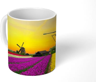 Mok - Koffiemok - Windmolen - Tulpen - Bloemen - Lente - Mokken - 350 ML - Beker - Koffiemokken - Theemok